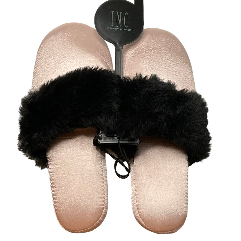 INC Women's Faux Fur Trimmed Slippers Pink & Black Size M (7-8)